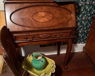 Stunning Desk. Waterford stems. Pottery. Antique chairs.