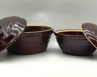 Vintage MarCrest Monmouth Western Stoneware Brown Glazed Pottery Bowls with Lids  Made in USA Pair