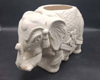 Vintage Hand Signed White Ceramic Elephant Planter Pot