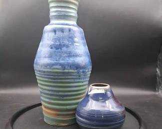 Vintage Blue Stoneware Art Pottery Vases  1 Signed Tater Knob  Unmarked Ribbed Vase