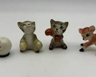 Vintage Kitsch Ceramic Animal Figurine Lot Boxing Cat Deer Fawn Salt and Pepper Shakers