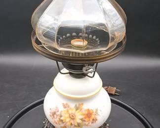 Vintage Electric Hurricane Lamp Orange Floral Ornate Metal Base