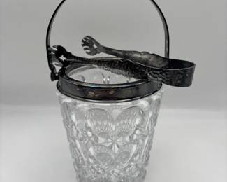 Vintage CutCrystal Personal Ice Bucket with a Silverplated Rim, Swing Handle, and Matching Ice Tong