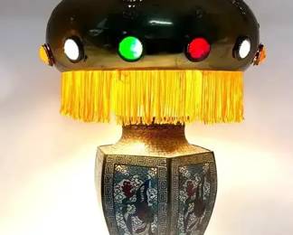 Antique Jeweled Brass Dome Table Lamp w Gold Silk Fringe