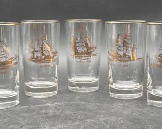 Vintage Libbey Gold  Black Nautical Ship Glasses Named Vessels  5pc