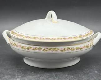 Antique Bassett Limoges Austria Covered Serving Dish, Pink Flowers  Gold 2pc