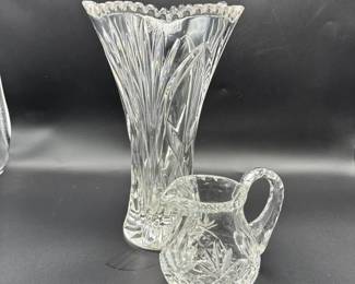 Heavy Cut, Crystal Vase and Creamer