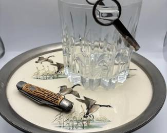 Vintage Kirk Stieff Pewter Mallard Duck Platter  Ice Bucket   Antler Handle Pocket Knife