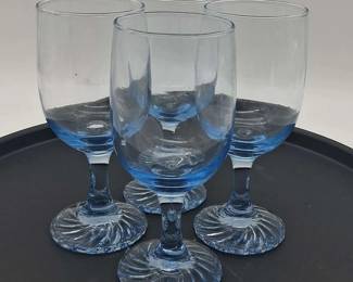 Vintage Light Blue Swirl Wine Glasses with Textured Base  4pc