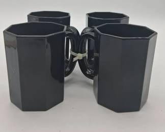 Vintage Arcoroc France Octime Black Glass Octagon Coffee Mugs  Set A  4pc