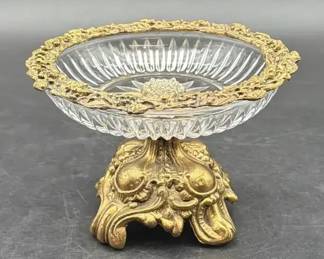 Vintage Victorian Style Ornate Ormolu Brass Mounted Cut Glass Pedestal Candy Dish
