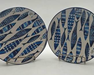 Vintage Papart Turkish Hand Painted Mediterranean Blue Fish Stoneware Dinner Plates  4pc