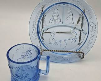 Vintage Tiara Indiana Glass Blue Mother Goose Nursery Rhymes Divided Plate and Humpty Dumpty Mug 2pc