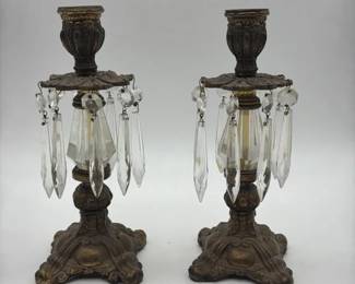 Vintage Hollywood Regency Ornate Cast Brass Style Mantel Luster Candlesticks Pair