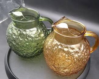Vintage Anchor Hocking Lido Milano 96oz Ball Pitchers Pair Green  Amber