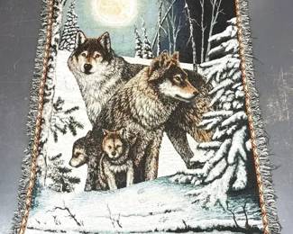 Rustic Cabin Style Woven Wolf Family Throw Blanket with Fringe