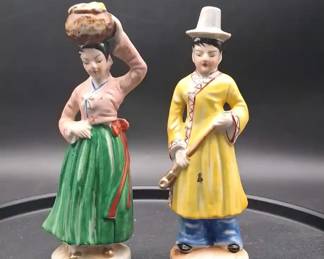 Vintage Occupied Japan Ceramic Korean Folk Art Figurines Carrying Water Jug and Instrument  Pair
