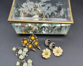 Vintage Glass Jewelry Casket Box  Costume Jewelry Lot 15 pc