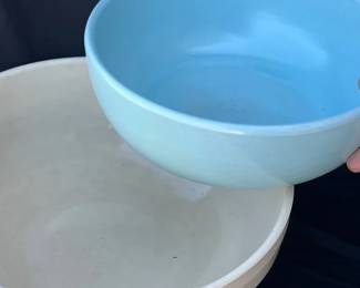 MCM Turquoise Blue Glaze Kitchen Mixing Bowl  Cream Ribbed Bowl