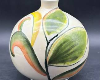 Vintage Fitz and Floyd Hand Painted Abstract Leaf Ceramic Seed Pod Ball Vase