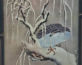 Chinese Watercolor Art Print  Bird on Snow Covered Willow Branch Framed