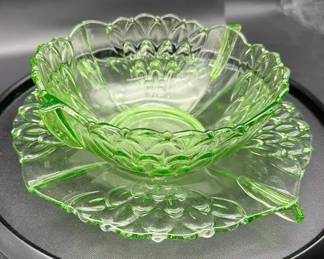 Art Deco Stlzle Hermanova Uranium Green Glass Bowl  Tray Glow Glass