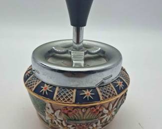 Vintage German Stoneware PushDown Spinner Ashtray Featuring Alpine Smoker Stag and Edelweiss