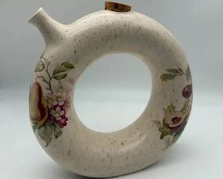 Vintage Ceramic Donut Wine Decanter Hand Painted Fruit Ring Jug