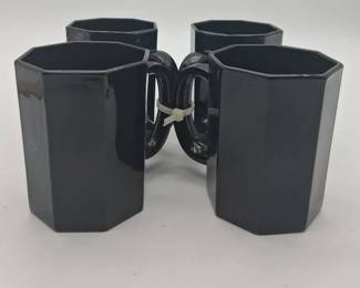Vintage Arcoroc France Octime Black Glass Octagon Coffee Mugs  Set B  4pc