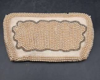 Vintage MidCentury Hand Beaded Seed Bead and Faux Pearl Evening Clutch Purse