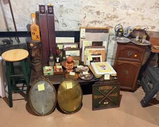 Original artwork, antiques, brass frames, mahogany side cabinet