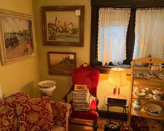 Vintage couch and chair, Flow Blue Ironstone and pedestal 