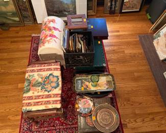 Antique travel chests, Coco Cola collectibles, Vintage footstools 