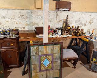 Antiques, stained glass, vintage footstool, nativity set with manger
