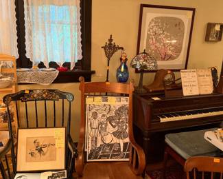 Rocking chairs, piano, original signed artwork