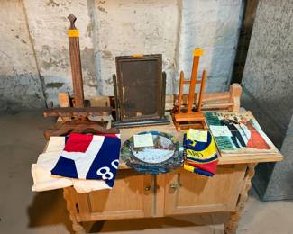 Easels, vintage magazines, art, vintage flags