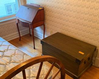Antique Queen Ann Slant front desk, Vintage chest, wooden headboard and bed