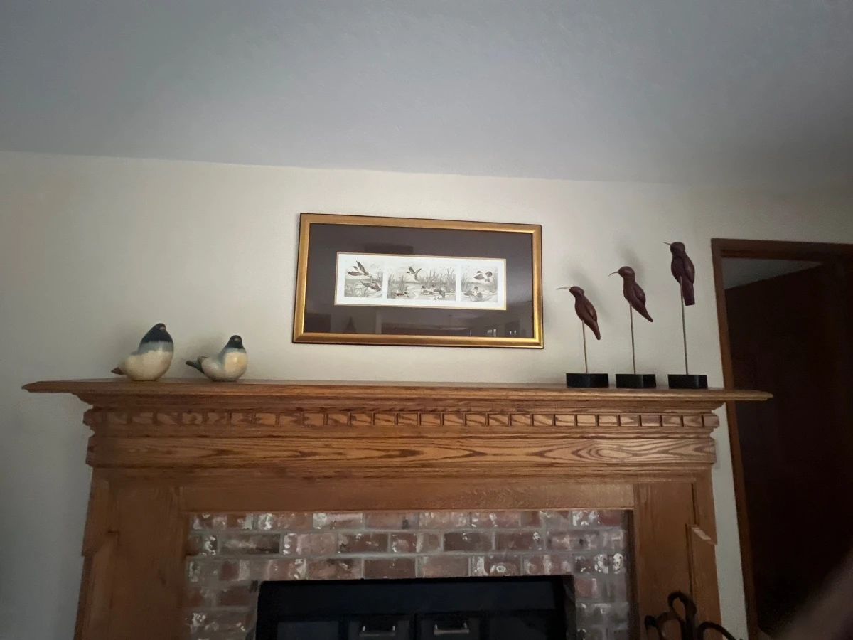 Framed waterfowl art print in a gold tone frame hanging above a wooden fireplace mantle displaying carved bird figurines.