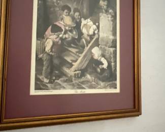 Framed black and white art print depicting children playing, housed in a double-matted gilt wood frame.