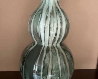 Double-gourd blown glass vase featuring a marbled white, grey, and teal striped pattern, in excellent condition.