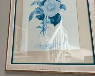 Framed cyanotype-style botanical art print featuring a floral arrangement titled 'Tulip'. Set behind glass in a cream and teal double mat with an ornate gilt-accented frame.