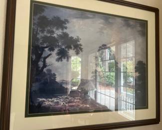 Large framed landscape art print in a dark wood frame with double matting, depicting a classical pastoral scene with trees.