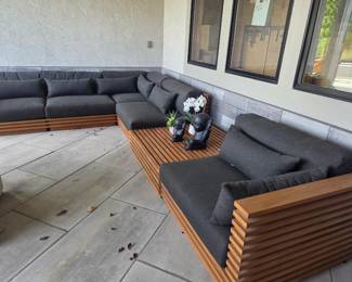 Crate & Barrel Teak L shaped outdoor sectional w/ coffee table & Cushions