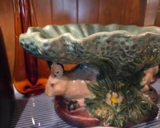 Vintage Majolica rabbit compote bowl