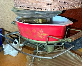 Vintage Red and Gold Pyrex Holiday Casserole Dish with Stand
