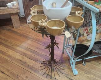 Signed pottery, glass top table