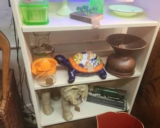 Uranium glass, antique copper spittoon 