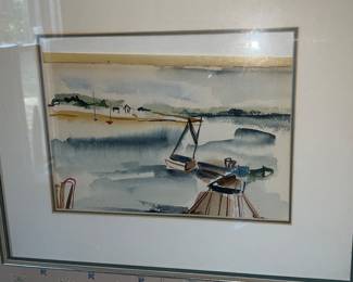 Watercolor painting of a peaceful harbor scene