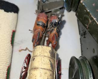 Vintage metal toys including  horse-drawn wagon