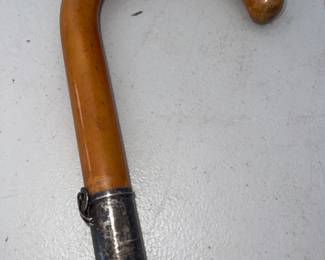 Vintage crook-handle walking stick with embossed sterling silver band